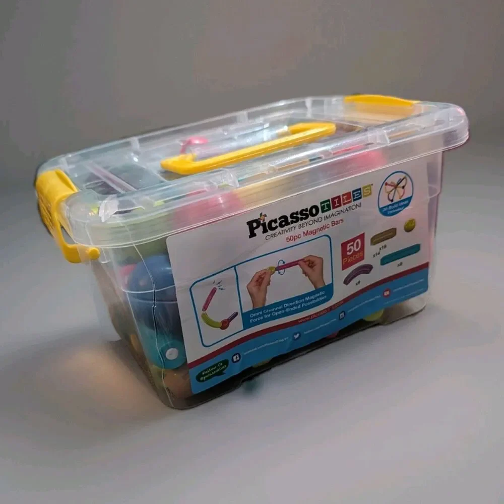 PicassoTiles 50pc Magnetic Stick Bar Building Set PTX50 - Used 49/50 Pcs W/ Bin